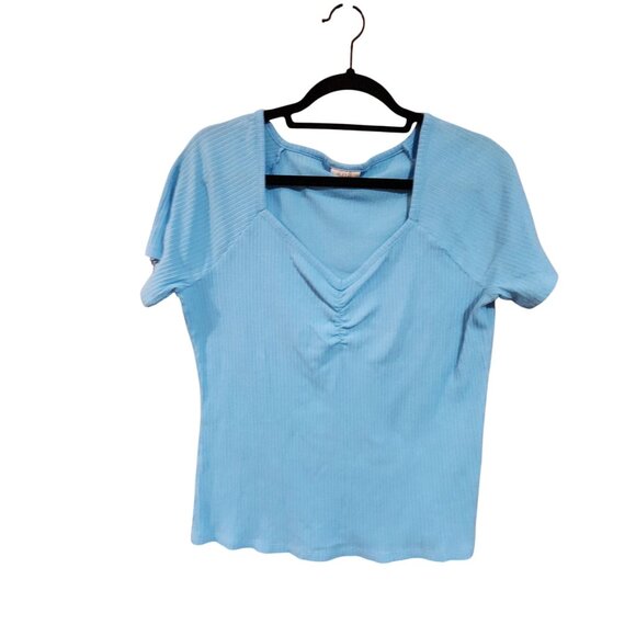 Ana Womens XL Ribbed Light Blue Short Sleeve V-Neck Top - Picture 1 of 3